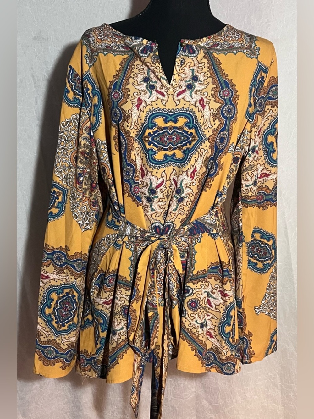 Mustard & blue Tie-Waist Blouse long sleeve pattern blouse